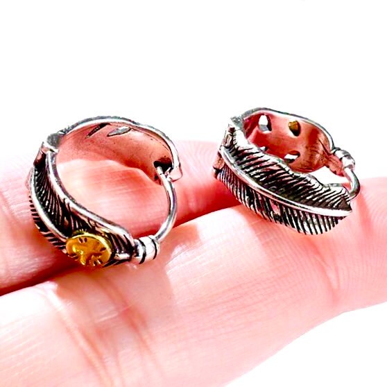 Feather Hoop Earrings with Brass Eagle & Dove