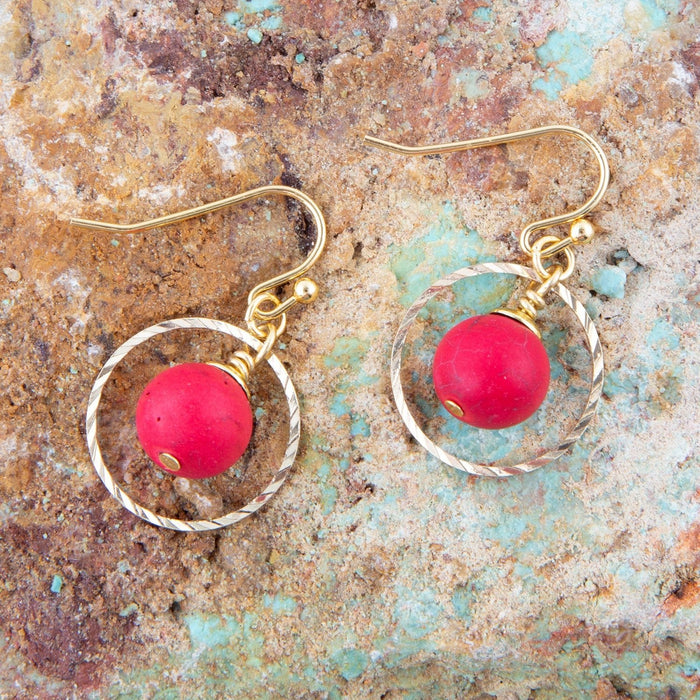 Barse Jewelry red magnesite earrings featuring a circular loop design, showcasing vibrant red stones and elegant craftsmanship.