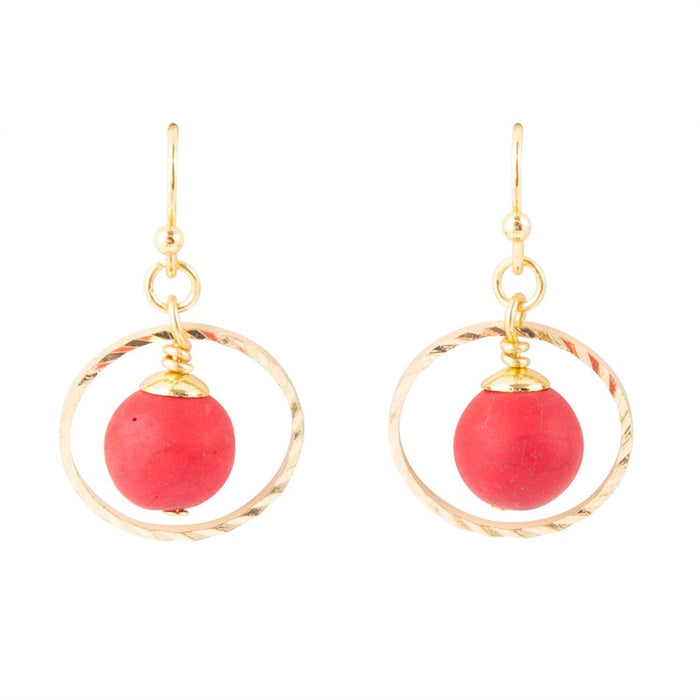 Barse Jewelry In The Loop red magnesite earrings with circular design and silver hooks, showcasing vibrant red stones and elegant craftsmanship.