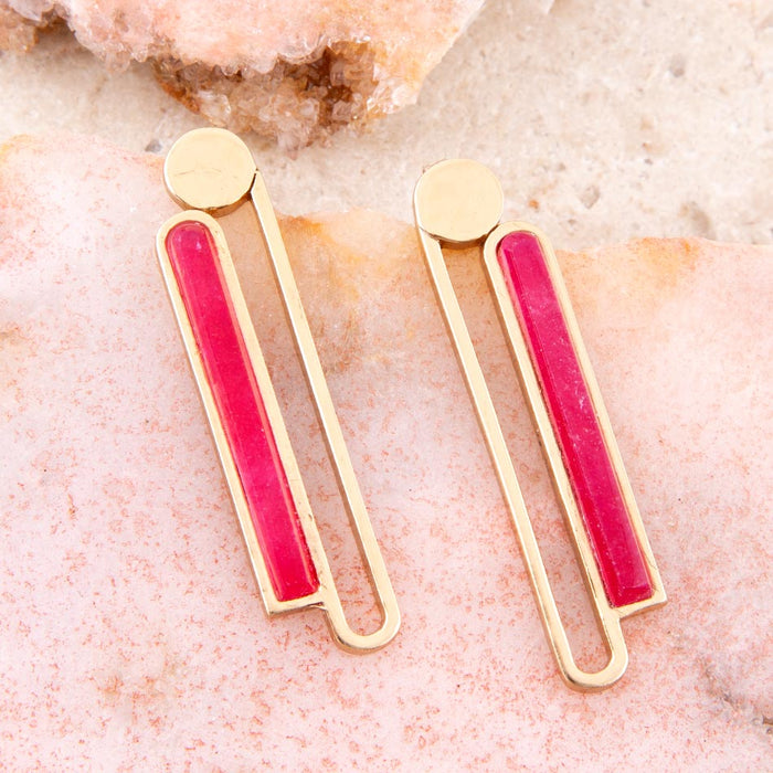 Pink raspberry quartz elongated gold post earrings by Barse Jewelry, showcasing sleek, elegant jewelry with vibrant pink stones.