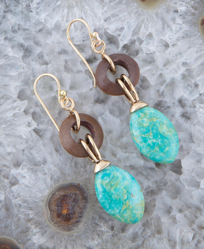 Precious green turquoise and wood drop earrings with golden bronze accents by Barse Jewelry, showcasing elegant, handcrafted jewelry design.