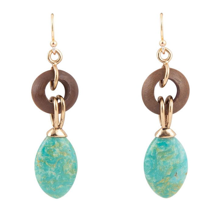Barse Jewelry green turquoise and wood drop earrings with golden bronze accents, featuring a stylish and elegant design.