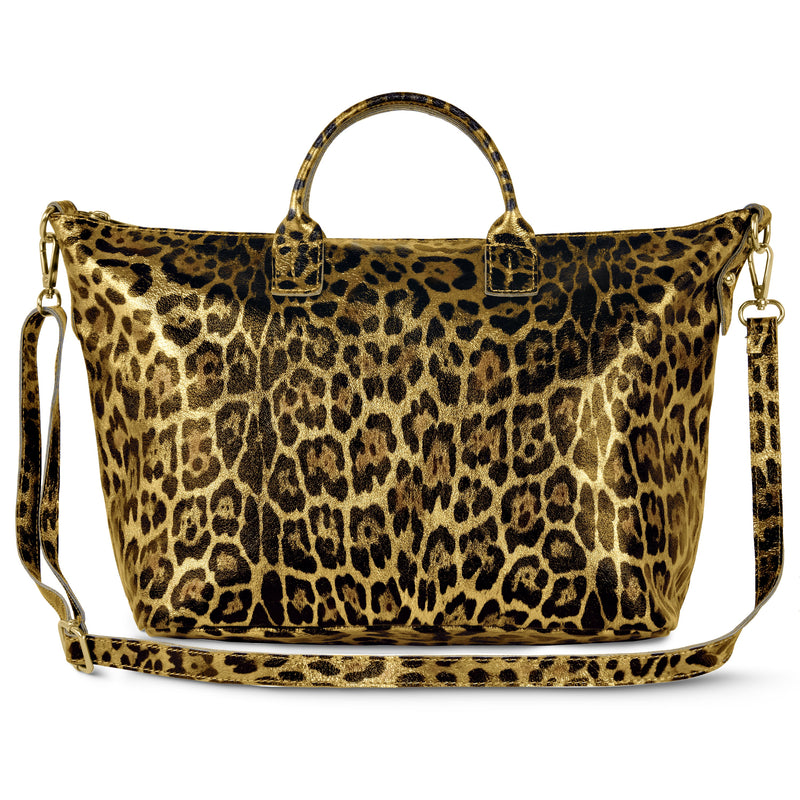 Leopard Metallic Suede Leather Top-Handle Bag