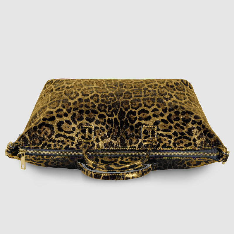 Leopard Metallic Suede Leather Top-Handle Bag