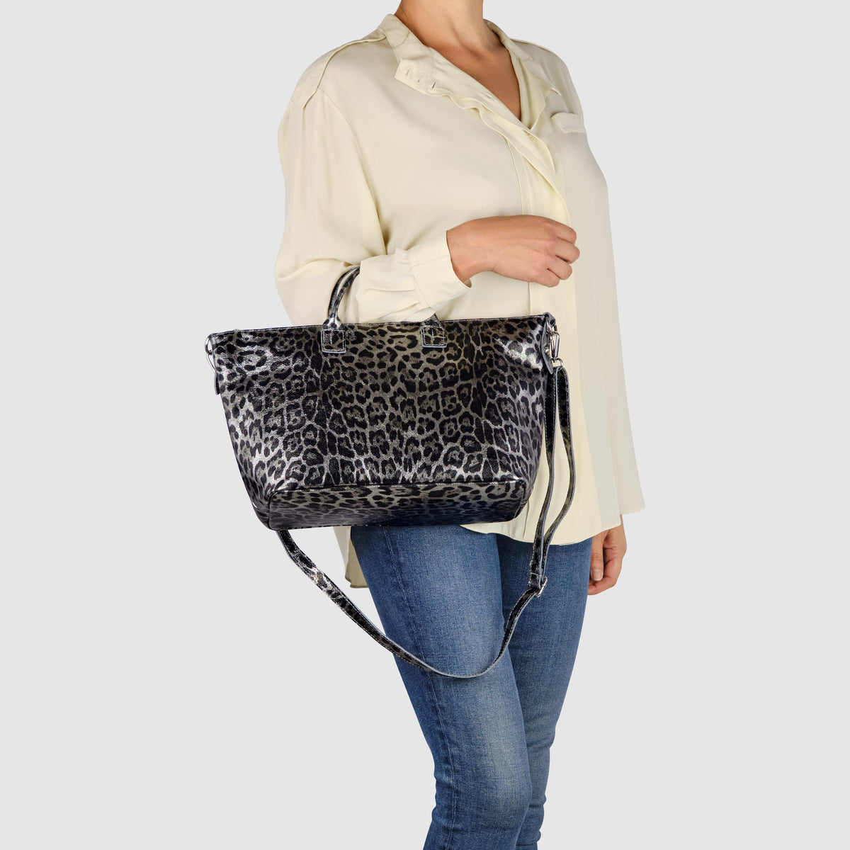 Leopard Metallic Suede Leather Top-Handle Bag