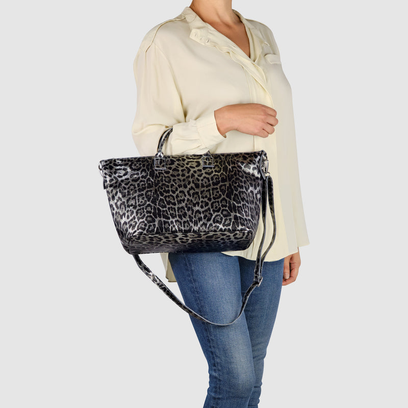 Leopard Metallic Suede Leather Top-Handle Bag