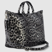 Leopard Metallic Suede Leather Top-Handle Bag
