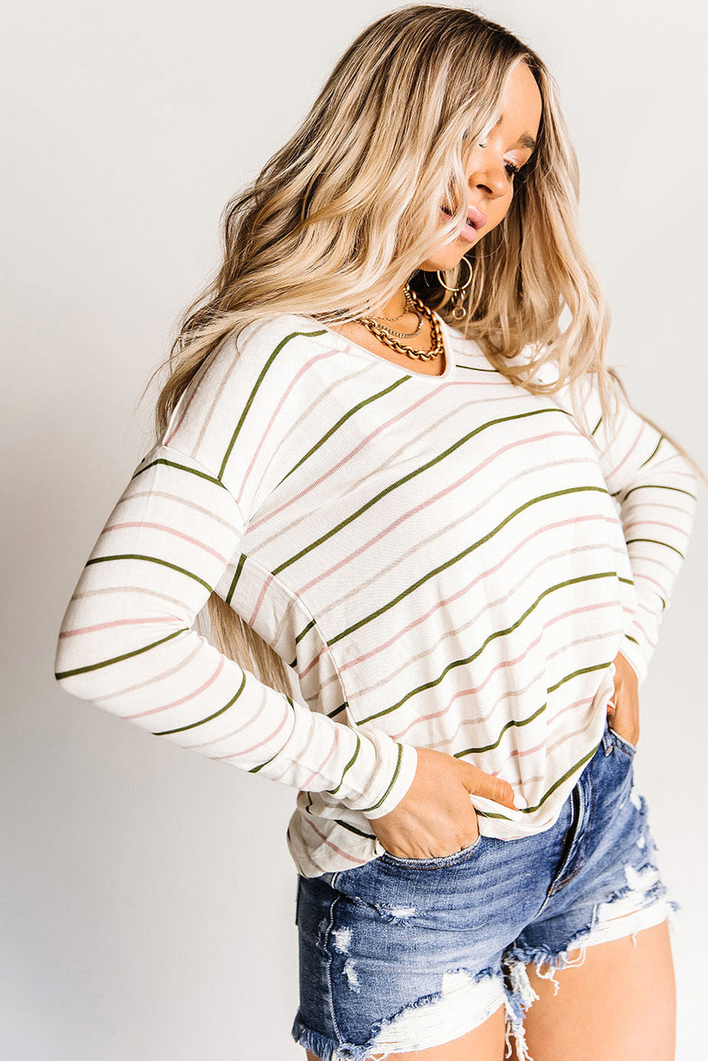 Striped V Neck Shirt - The GlamBox Jewels Boutique