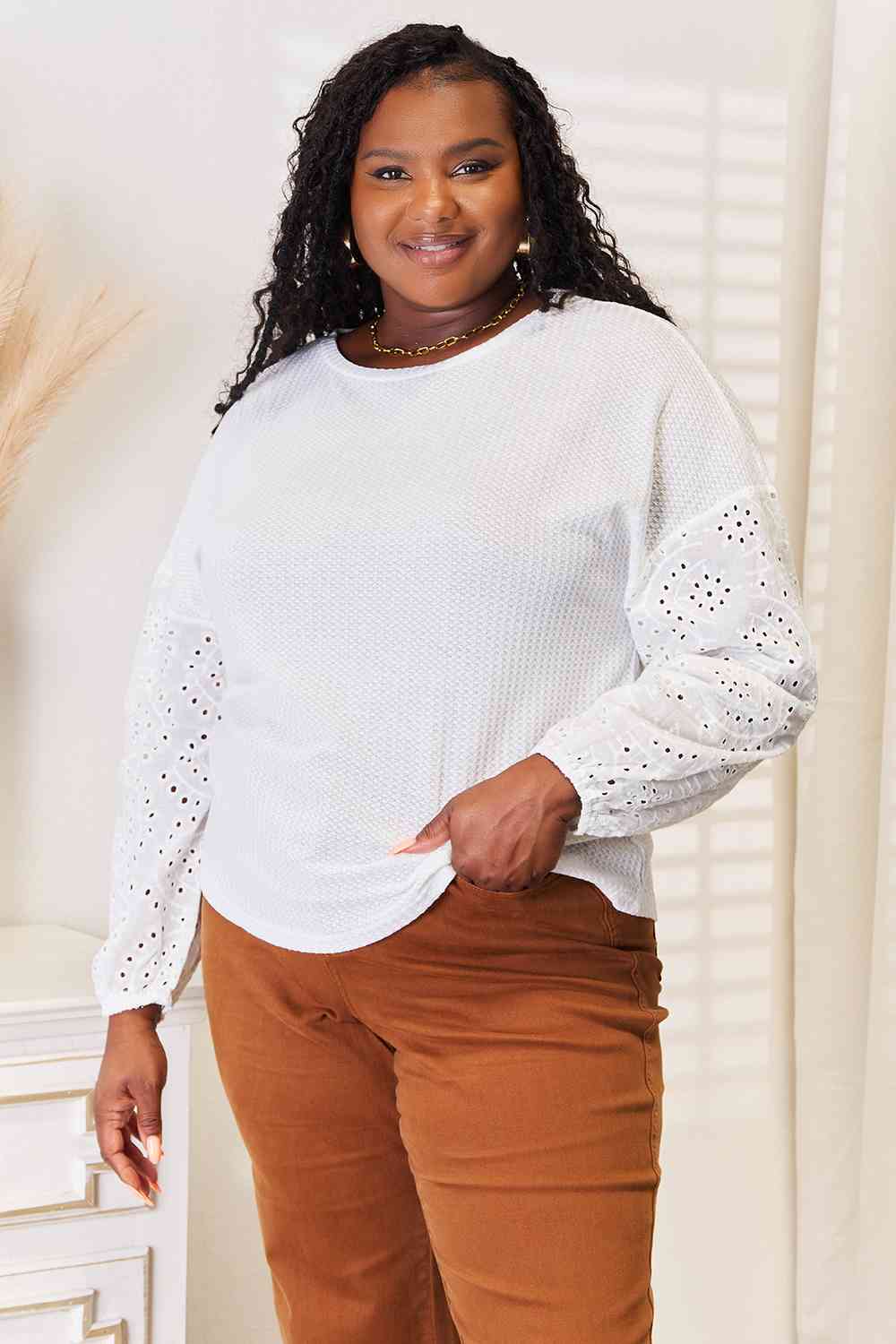 Double Take Eyelet Dropped Shoulder Blouse