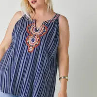 Stripe Sleeveless Embroidered Top - The GlamBox Jewels Boutique