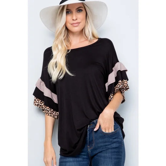 Leopard Ruffle Short Sleeve Shirt - The GlamBox Jewels Boutique