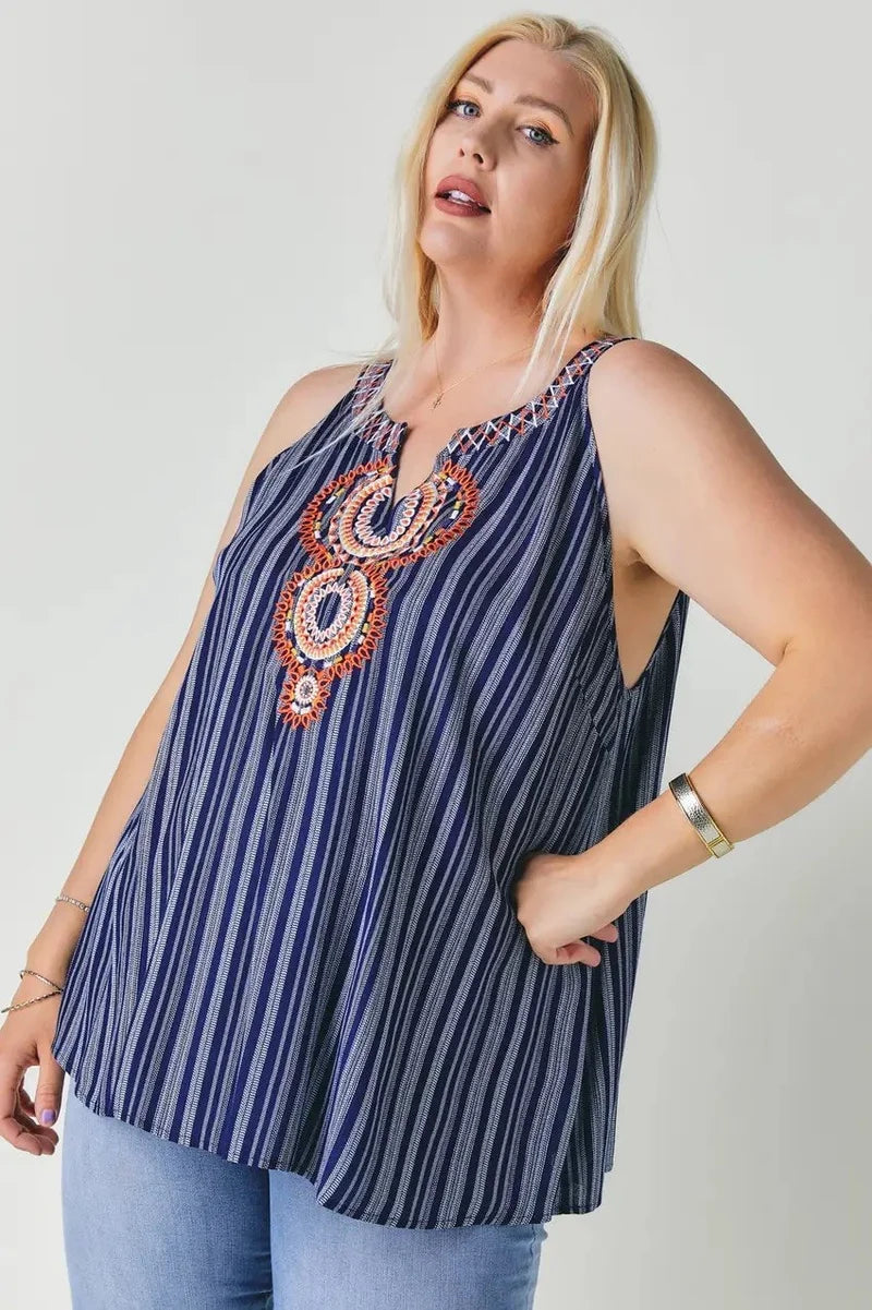 Stripe Sleeveless Embroidered Top - The GlamBox Jewels Boutique