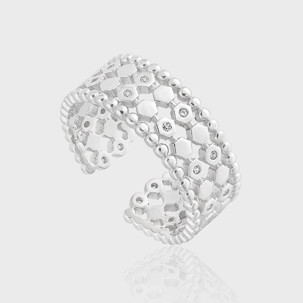 Beads Border Silver Adjustable Ring