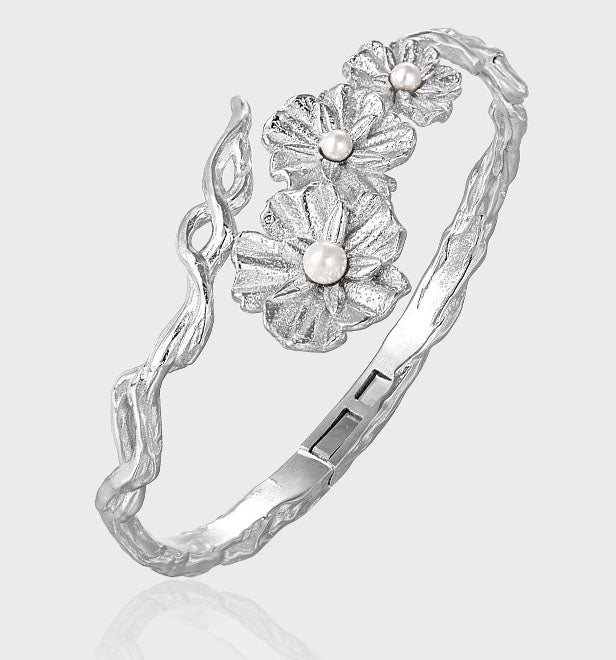 Pearls & Flowers Silver Open Bangle
