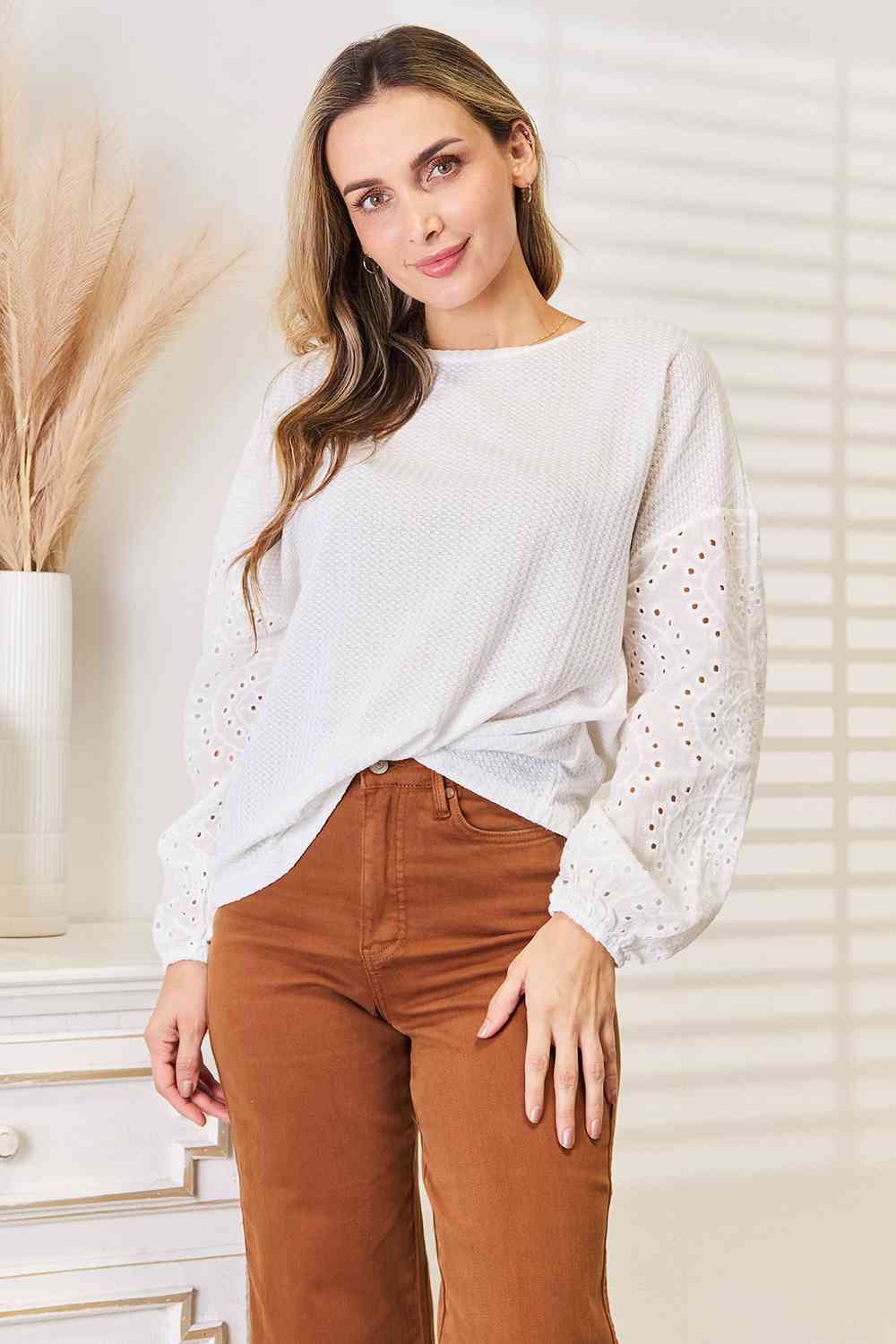 Double Take Eyelet Dropped Shoulder Blouse