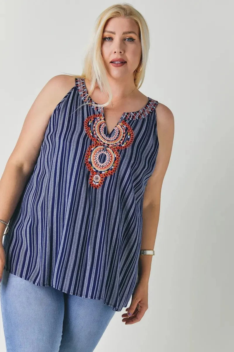 Stripe Sleeveless Embroidered Top - The GlamBox Jewels Boutique