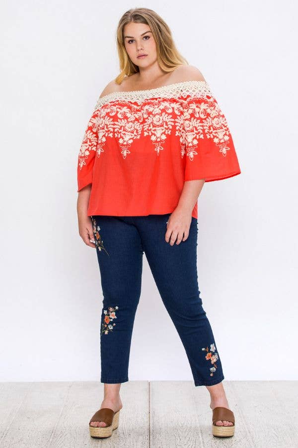 Flower Embroidered Plus Denim Pants - The GlamBox Jewels Boutique