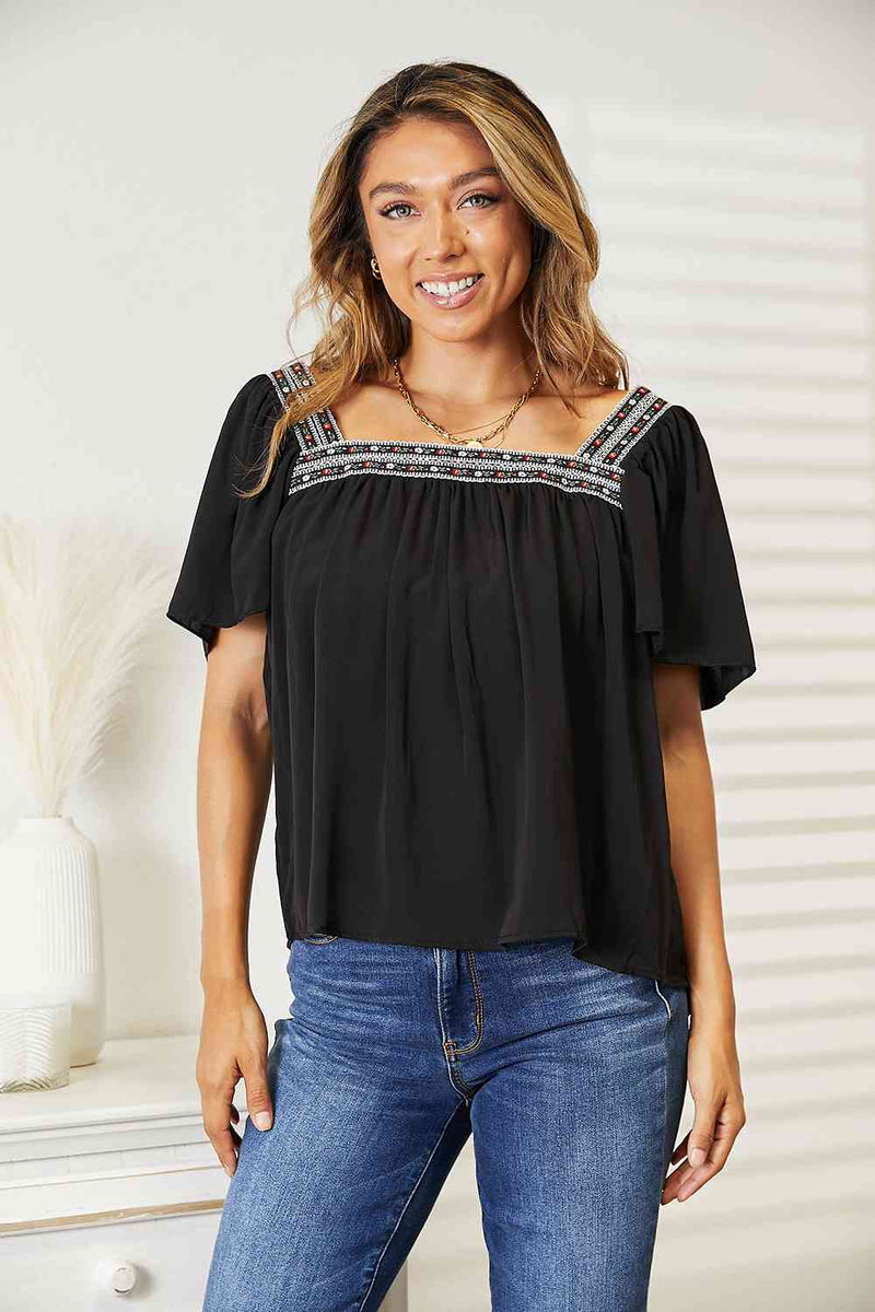 Double Take Contrast Square Neck Blouse