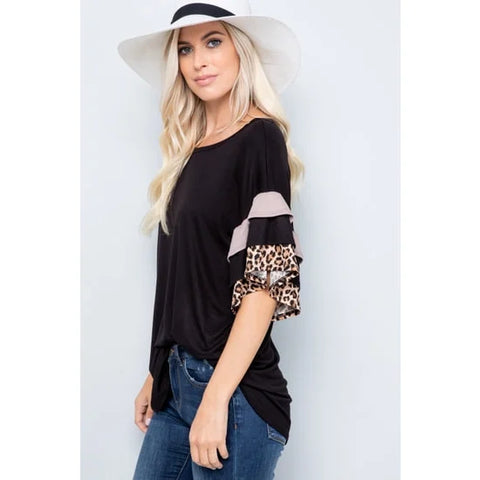 Leopard Ruffle Short Sleeve Shirt - The GlamBox Jewels Boutique