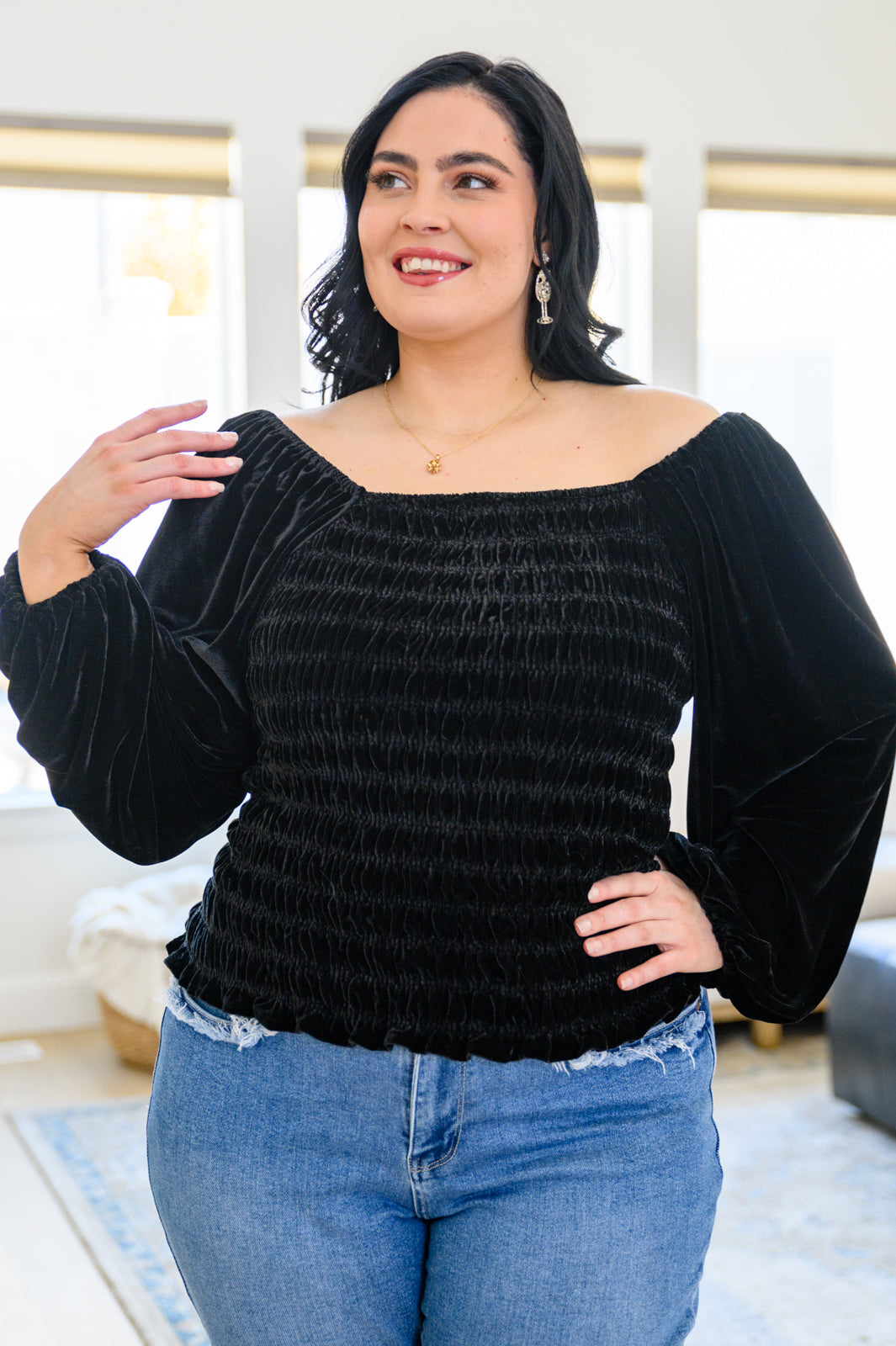 Believe In Miracles Smocked Velvet Top In Black - The GlamBox Jewels Boutique