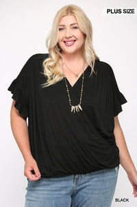 Solid Viscose Knit Surplice Top With Ruffle Sleeve - The GlamBox Jewels Boutique