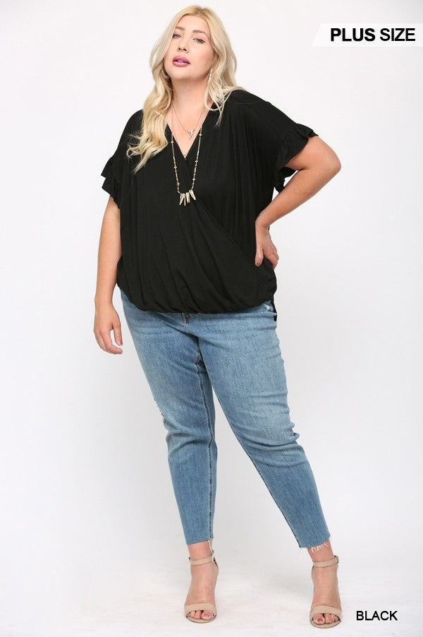 Solid Viscose Knit Surplice Top With Ruffle Sleeve - The GlamBox Jewels Boutique