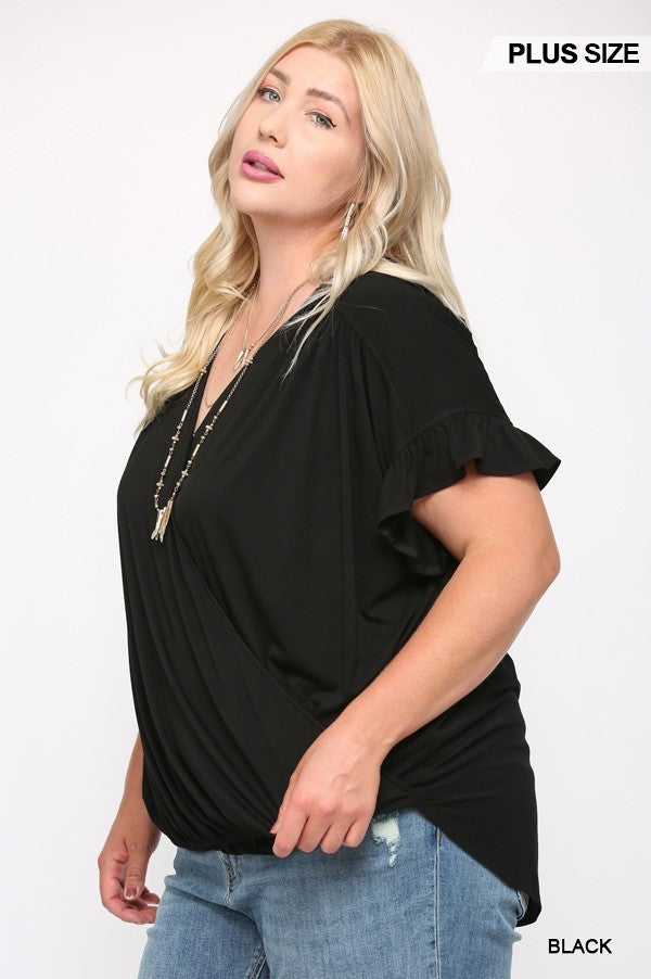 Solid Viscose Knit Surplice Top With Ruffle Sleeve - The GlamBox Jewels Boutique