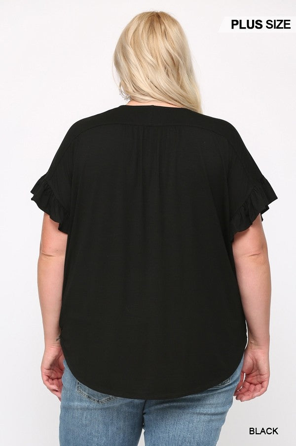 Solid Viscose Knit Surplice Top With Ruffle Sleeve - The GlamBox Jewels Boutique