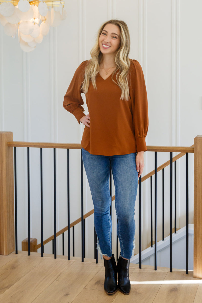 Enjoy This Moment V Neck Blouse In Toffee - The GlamBox Jewels Boutique