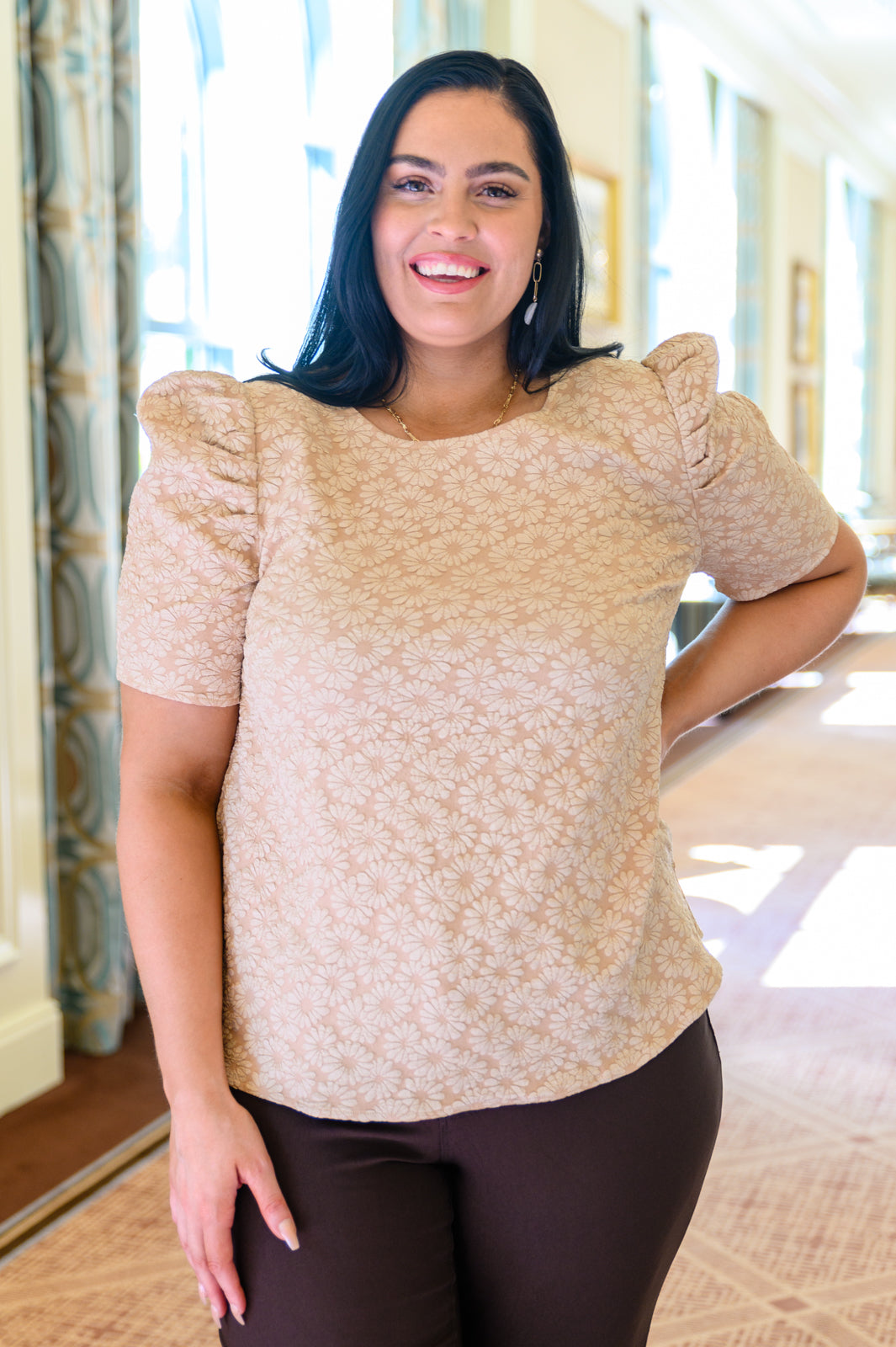 Kelsi Jacquard Puff Sleeve Top In Tan - The GlamBox Jewels Boutique