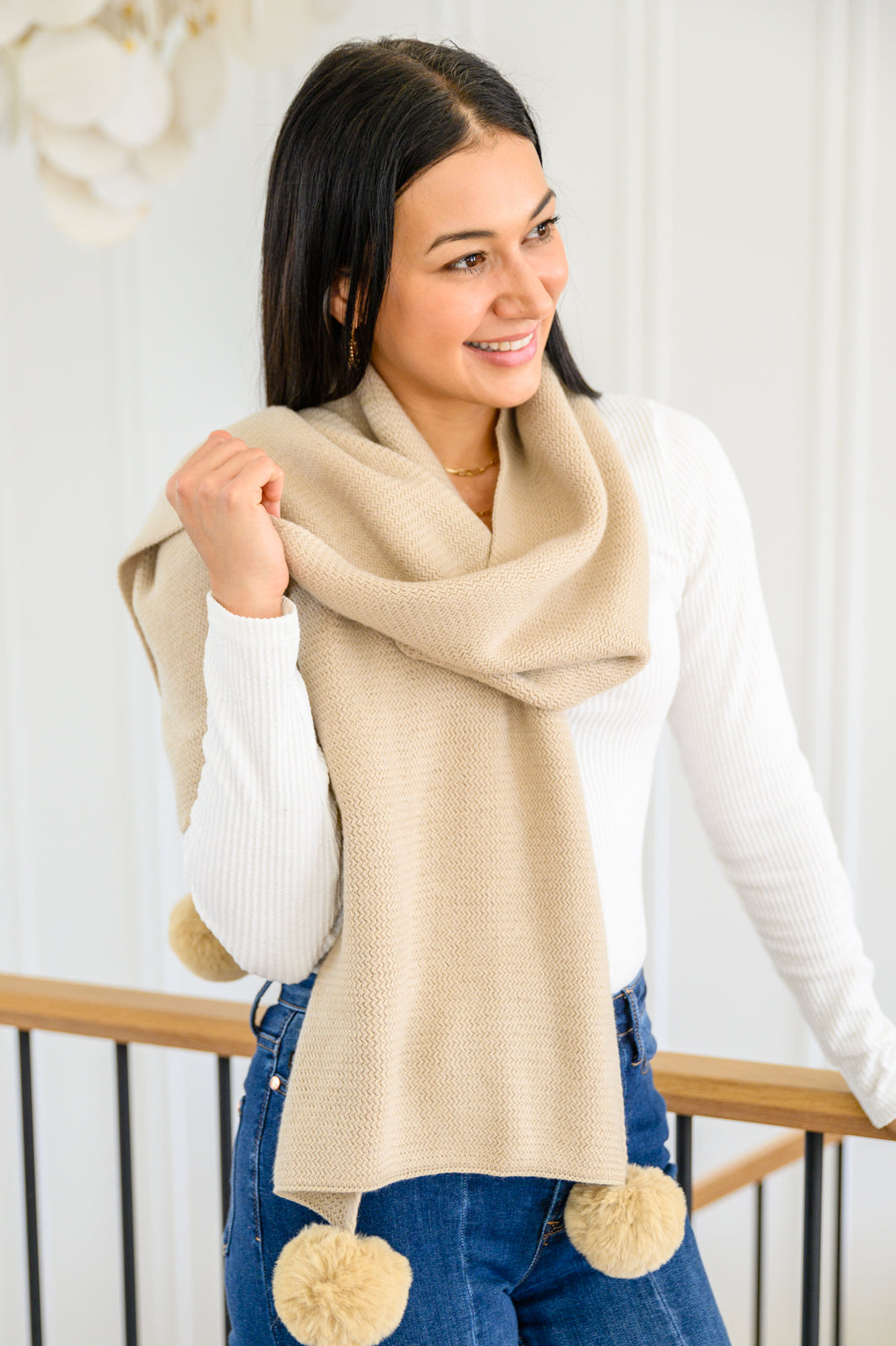 Knitted Fuzzy Pom Pom Scarf