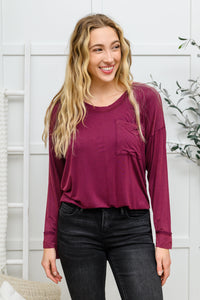 Long Sleeve Knit Top With Pocket In Burgundy - The GlamBox Jewels Boutique