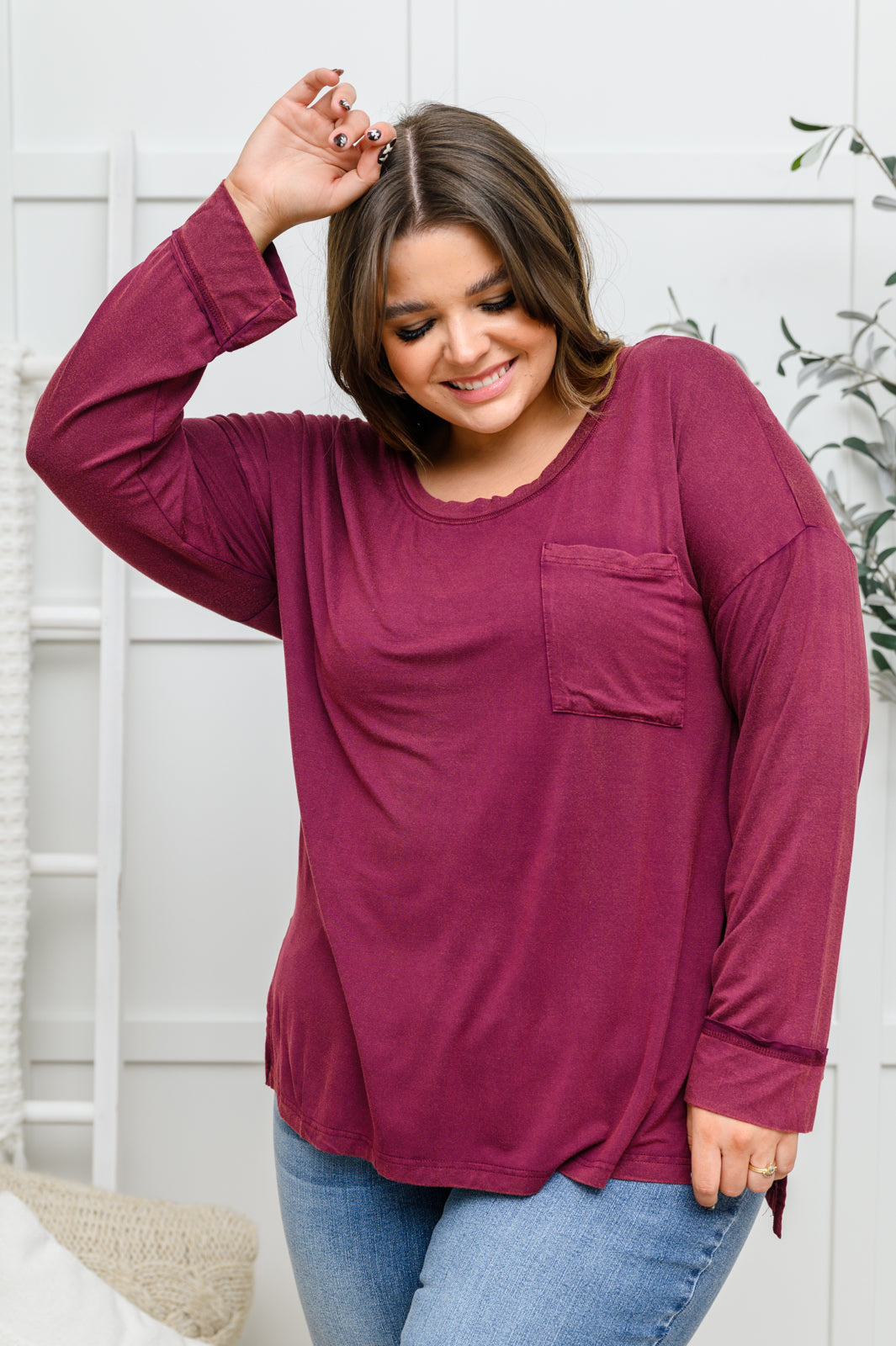 Long Sleeve Knit Top With Pocket In Burgundy - The GlamBox Jewels Boutique