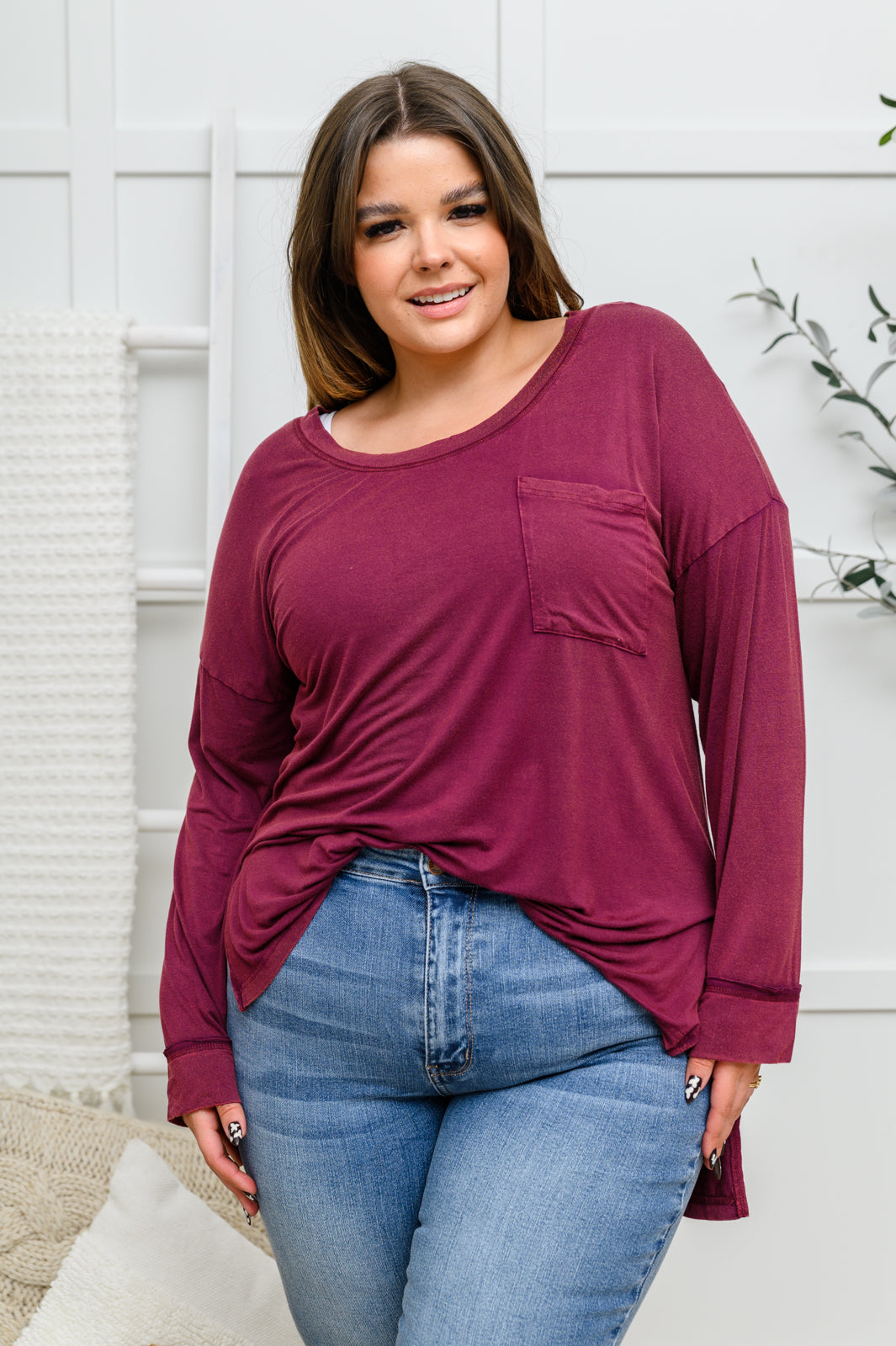 Long Sleeve Knit Top With Pocket In Burgundy - The GlamBox Jewels Boutique