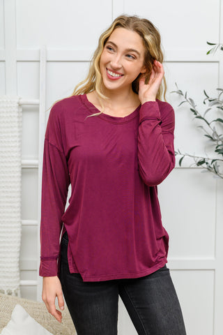 Long Sleeve Knit Top With Pocket In Burgundy - The GlamBox Jewels Boutique