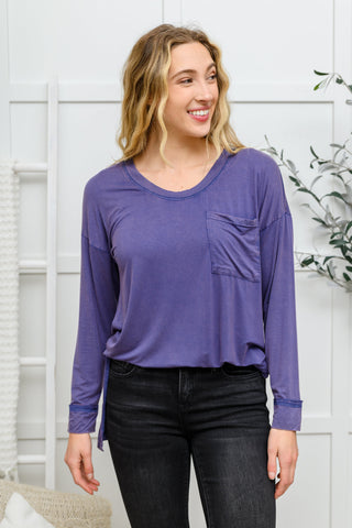 Long Sleeve Knit Top With Pocket In Denim Blue - The GlamBox Jewels Boutique