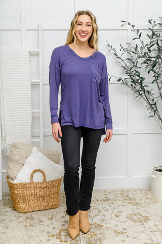 Long Sleeve Knit Top With Pocket In Denim Blue - The GlamBox Jewels Boutique