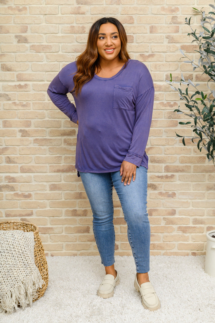 Long Sleeve Knit Top With Pocket In Denim Blue - The GlamBox Jewels Boutique