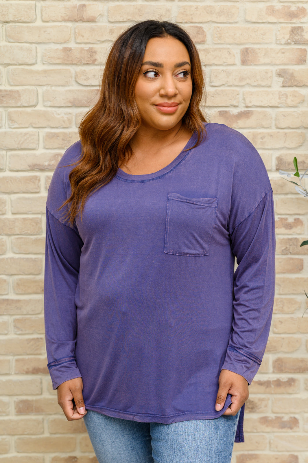 Long Sleeve Knit Top With Pocket In Denim Blue - The GlamBox Jewels Boutique