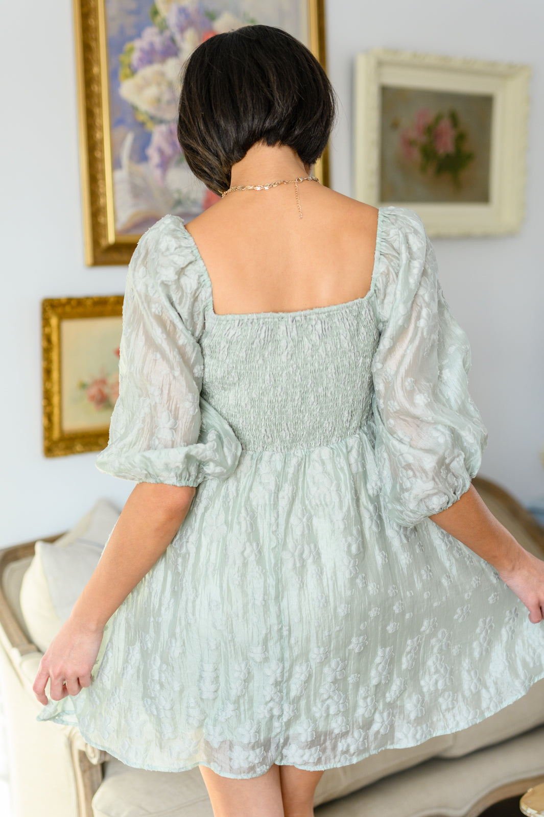 Spotting Fairies Puff Sleeve Dress in Sage - The GlamBox Jewels Boutique