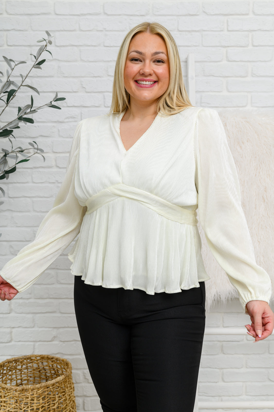 Xanidu Long Sleeve V Neck Blouse in White - The GlamBox Jewels Boutique
