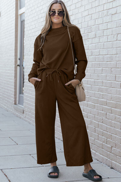 Double Take Textured Top & Drawstring Pants Set