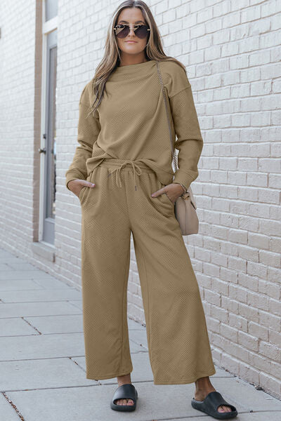 Double Take Textured Top & Drawstring Pants Set