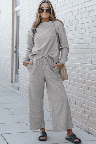 Double Take Textured Top & Drawstring Pants Set