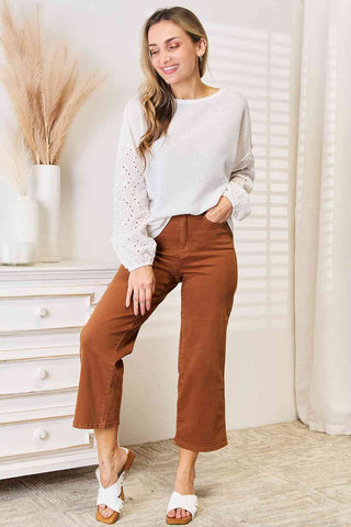 Double Take Eyelet Dropped Shoulder Blouse