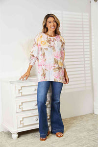 Floral Round Neck Three-Quarter Sleeve Top